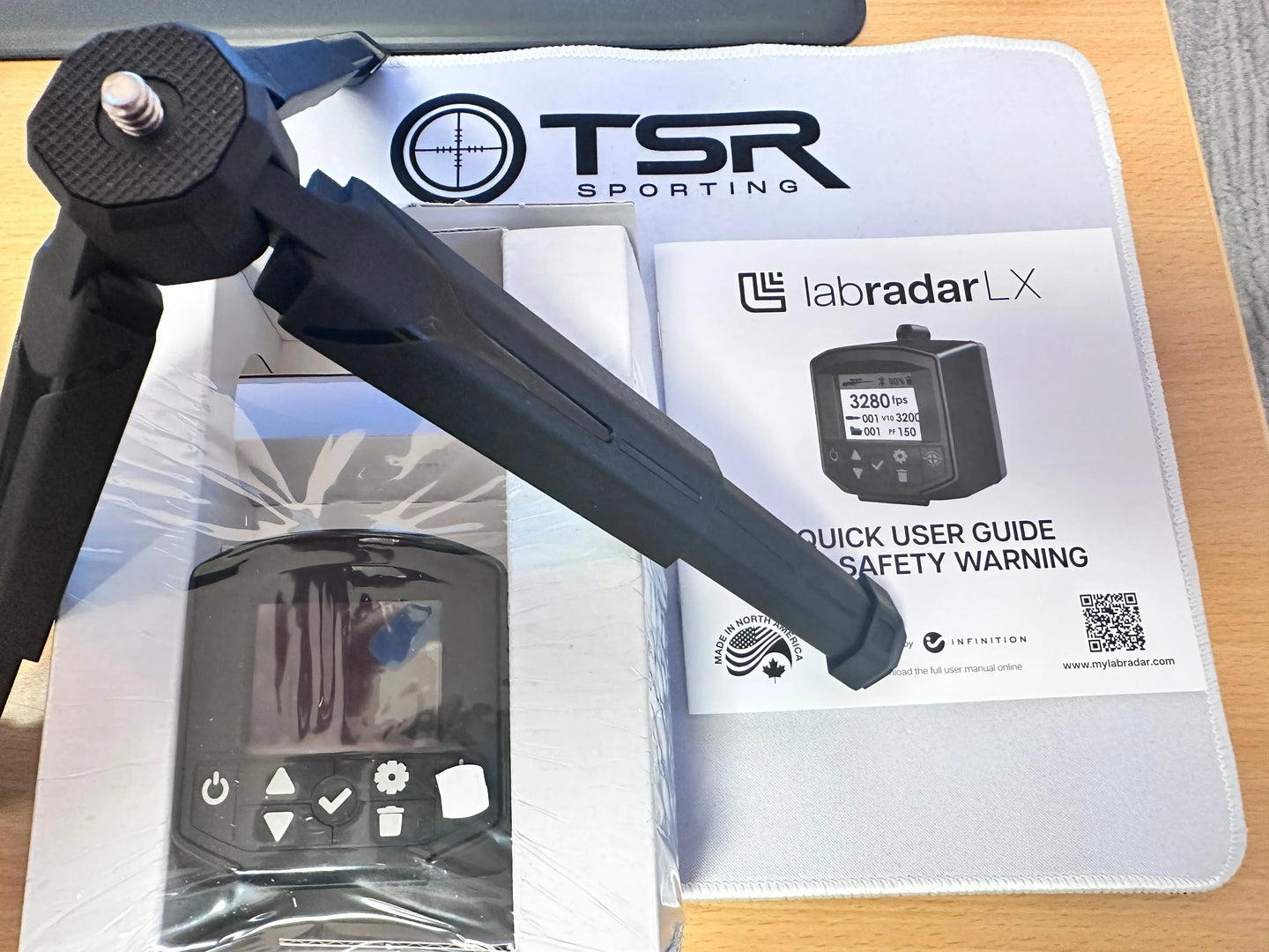 Labradar LX chronograph with mounting bracket, user guide, and TSR Sporting mat for precision shooting gear
