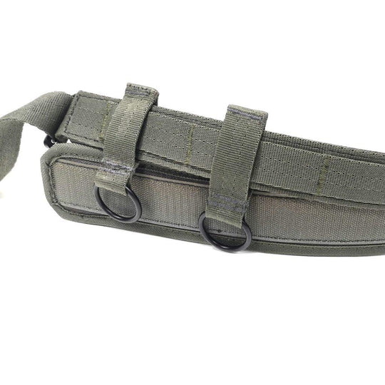 Olive green tactical belt with D-rings and pouch, ideal for shooting or hunting gear.