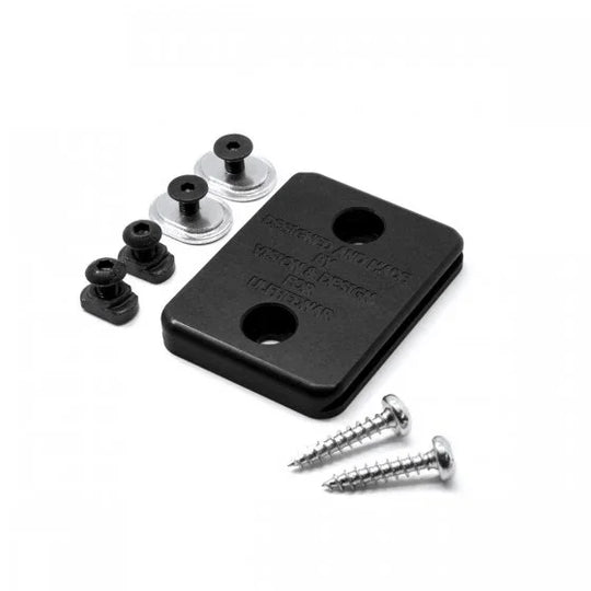 Black rifle scope mount base with screws and mounting hardware for firearms