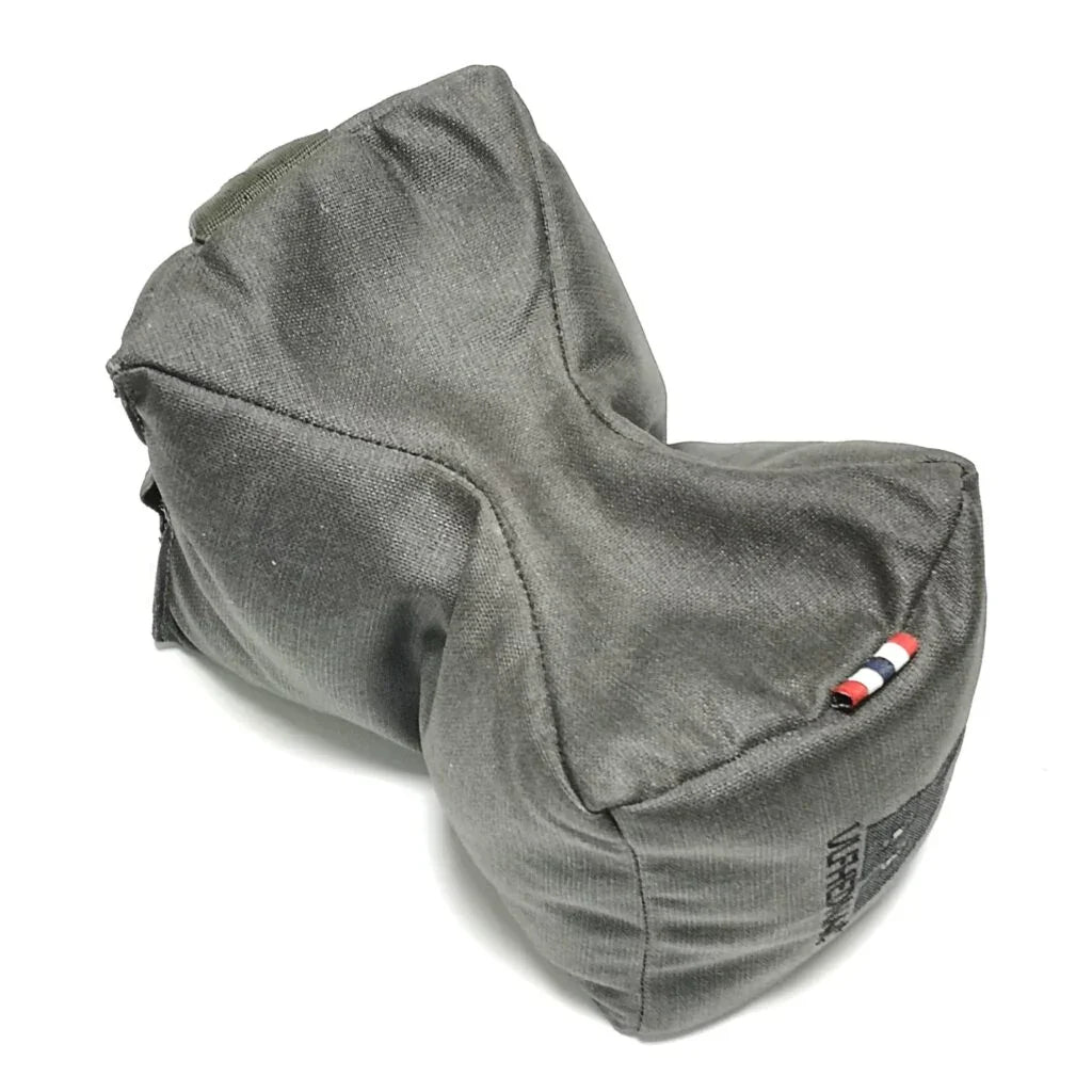 Gray tactical shooting bag with red, white, blue tag for precision rifle support