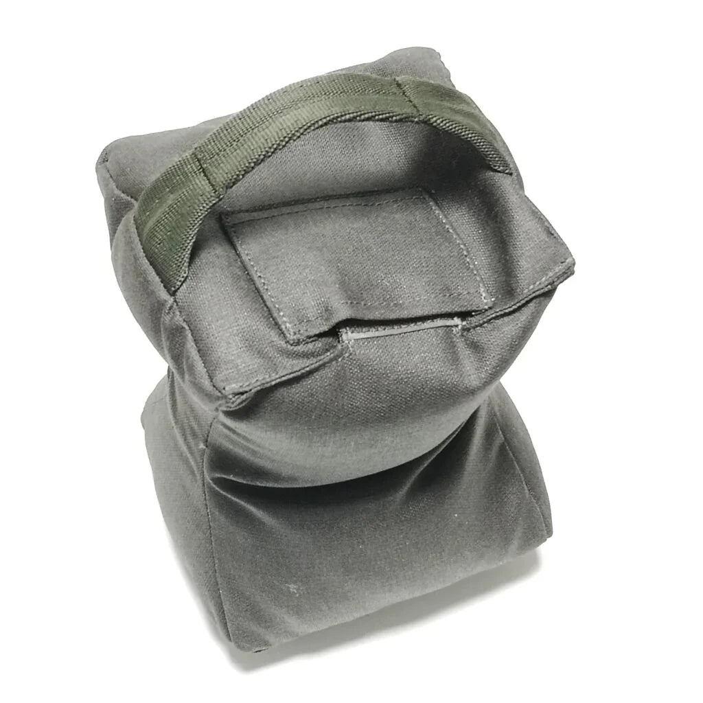 Olive green tactical shooting sandbag for rifle support, ideal for target practice and precision aiming.