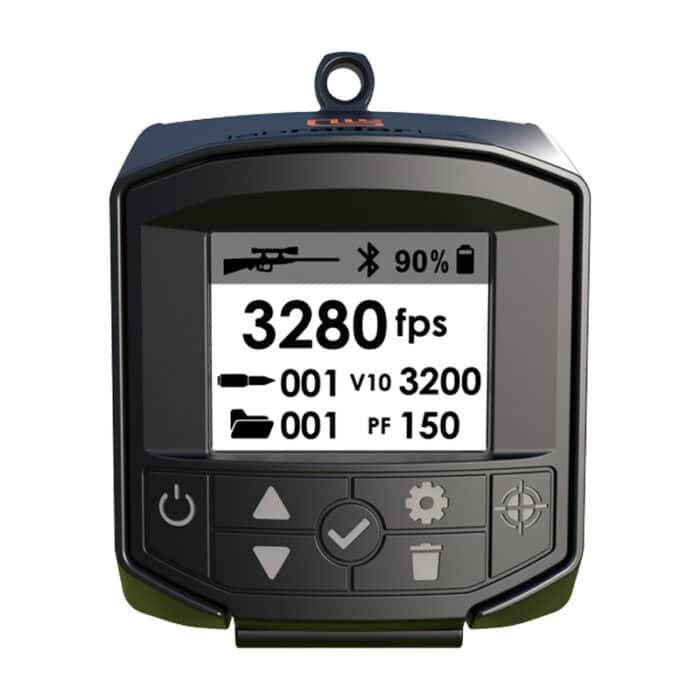 Digital chronograph displaying 3280 fps velocity for rifle ammo, ideal for precision shooting and hunting gear.