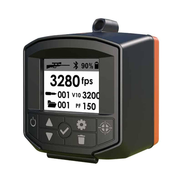 Digital chronograph displaying 3280 fps for rifle ammo, ideal for competitive shooting and hunting gear
