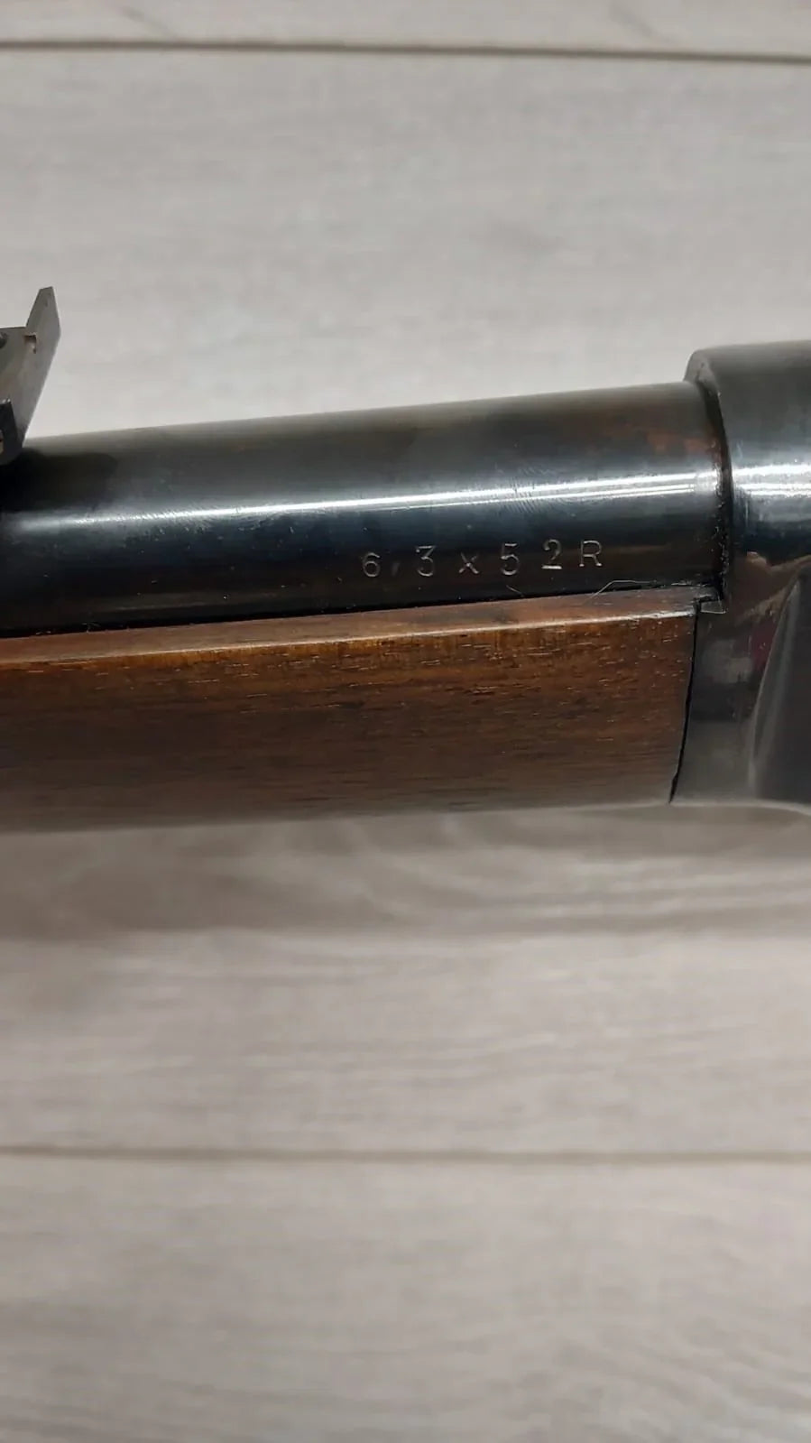 Rifle barrel marked 6.3x52R, wooden stock, for hunting or sport shooting
